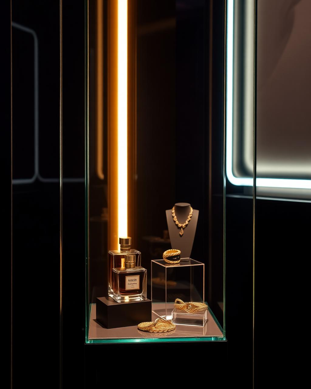 Vitrine de vidro com frascos de perfume e joias sob iluminação quente
