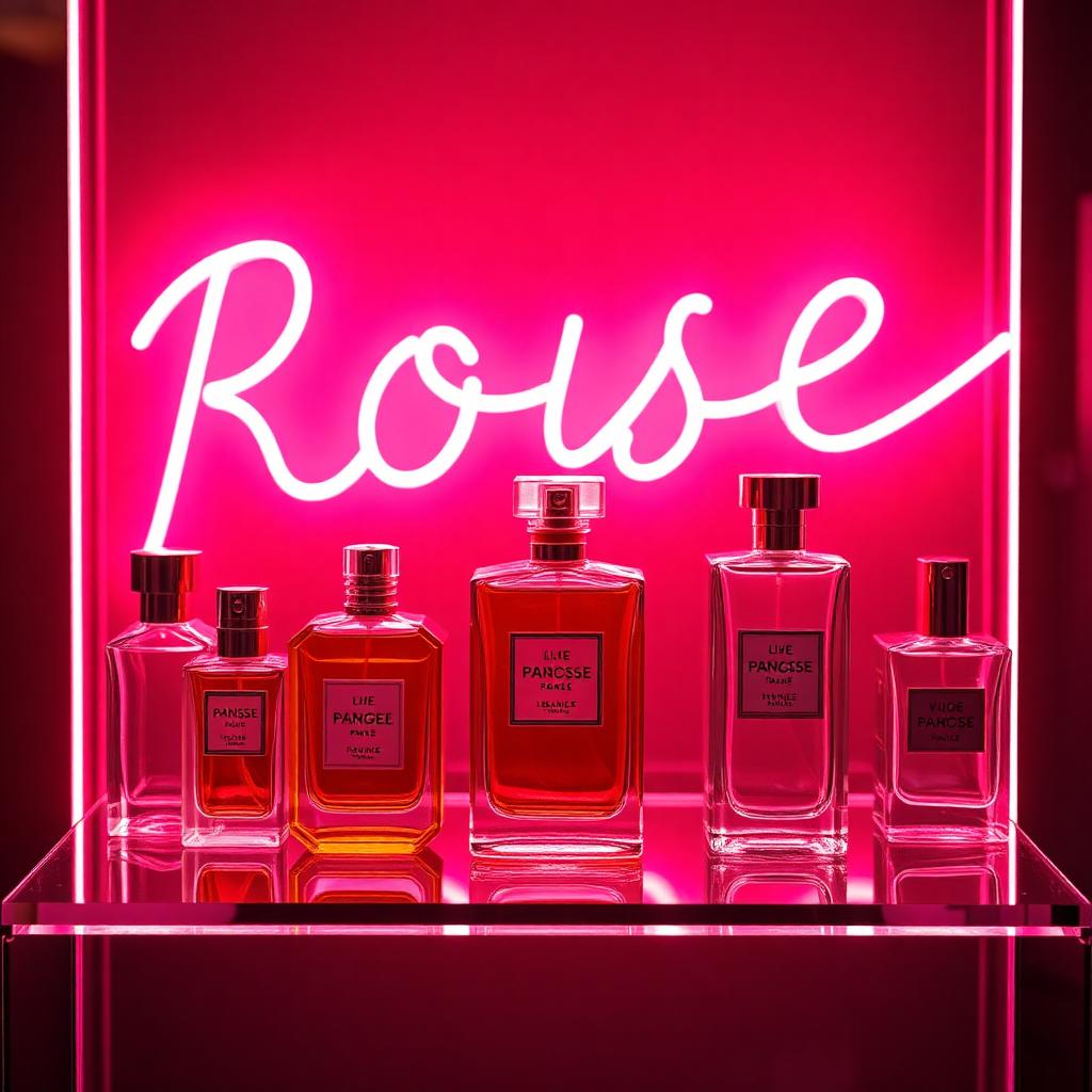 Frascos de perfume em vitrine com iluminação rosé